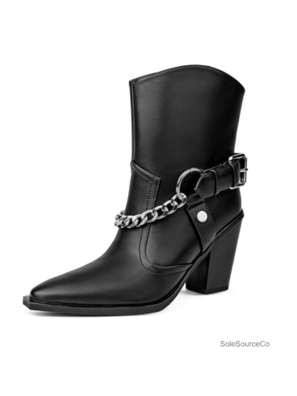 Western Ankle Boots Pointed Toe Block Heel Chain Detail Faux Leather